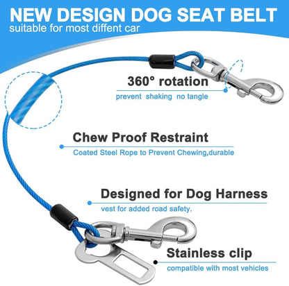 Dog Seat Belt Harness for Car,2pcs Dog Seatbelt of Coated Wire Leash Safety Restraint,No Chew Tether Cable Vehicle Dog Accessories,Double Clips & Latch (2 Pack Red+Blue, 16 inch/40 CM)