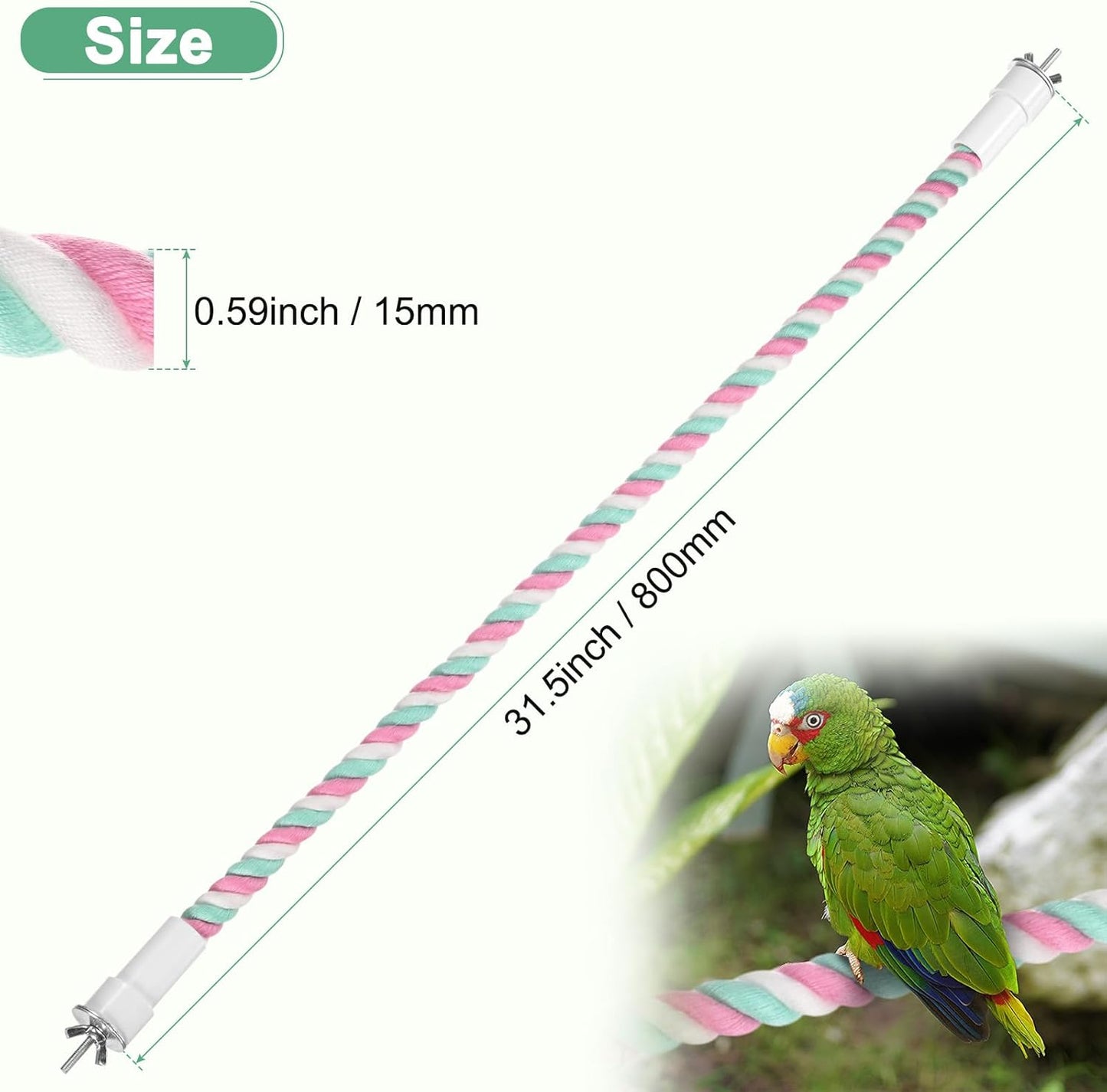 1-Pack Rope Perches for Bird Cages, 31.5 in Length Comfort Grip Flexible Rope Perch Beak & Paw Grinding for Parrots/Cockatiels/Parakeets, Bird Platform Sand [Pink Cyan]