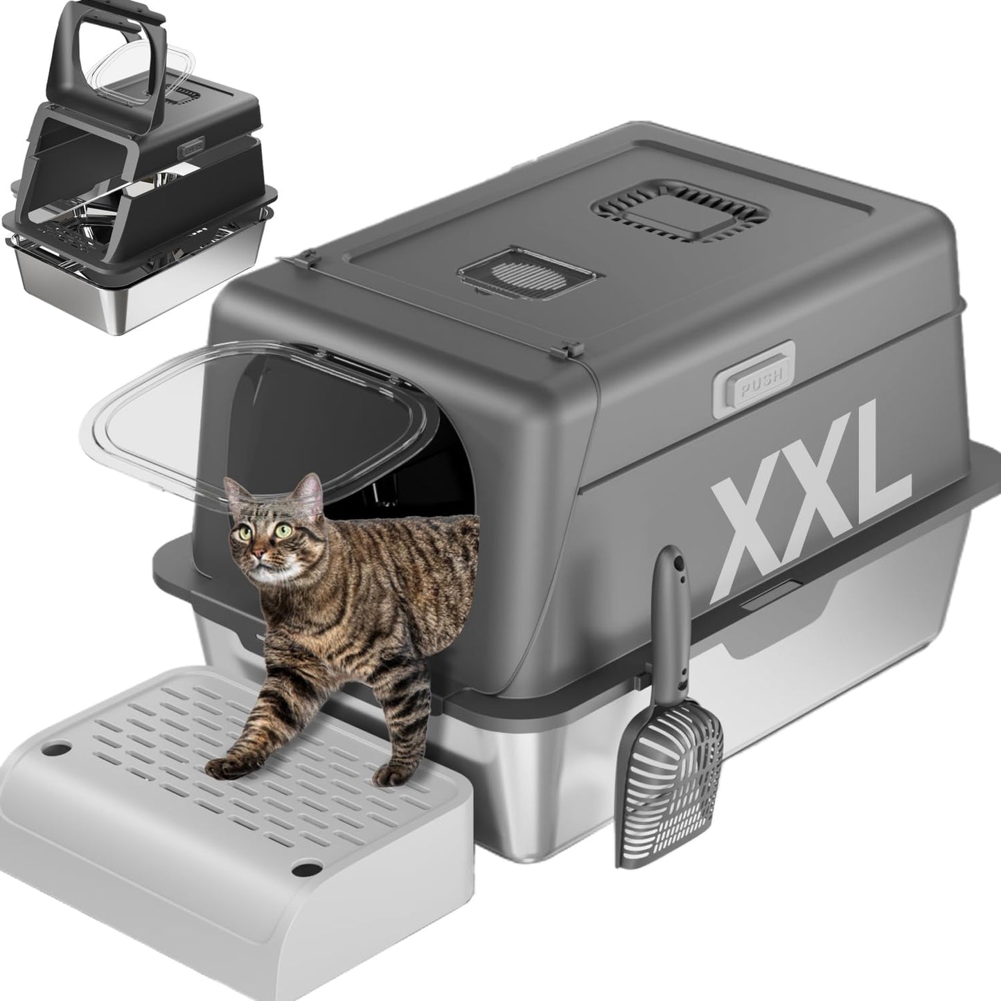 XX-Large Stainless Steel Cat Litter Box with Lid – Fully Enclosed Large Litter Box for Big Cats, Odor Control with Magnetic Door, Easy Clean, Multi-Cat Durable Metal Pan (Natural Color)