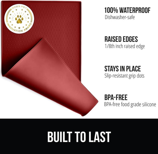 GORILLA GRIP 100% Waterproof Raised Edge BPA Free Silicone Pet Feeding Mat, Dog Cat Food Mats Contain Spills Protects Floors, Placemats for Cats and Dogs Water Bowl, Pets Accessories 16x10, Red