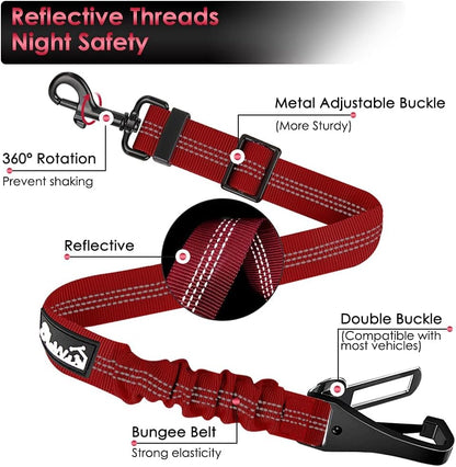 SlowTon Dog Seat Belt, Adjustable Dog Safety Belt Leash, 2 in 1 Latch Bar Attachment Dog Car Seatbelt with Elastic Nylon Bungee Buffer, Reflective Nylon Belt Tether Connect to Dog Harness (Red)