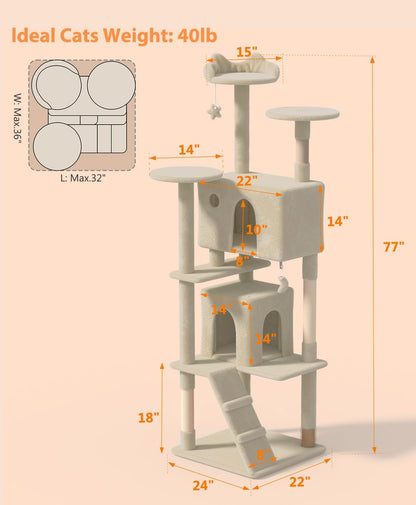 77'' Cat Tree Tower for Indoor Cats Large Adult, Cute/Tall Modern Cat Tree for Big Cats 20 lbs, Plush Multi-Level Cat Condo with Scratching Posts, Dangling Ball for Fun Play (Beige, 77 inch)