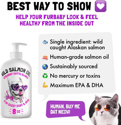 Wild Alaskan Salmon Oil for Dogs & Cats - Pure Fish Omega 3 6 9 Liquid EPA DHA Fatty Acids - Skin & Coat Supplement - Supports Joint Function, Brain, Eye, Immune & Heart Health - Made in USA 8 oz