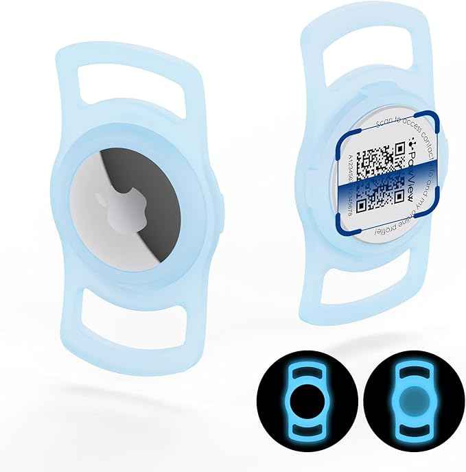 for Airtag Dog Collar Holder with QR ID Tag, Glow in the Dark, Fluorescent Waterproof Silicone for Airtag Case for Dog Collars, Scan for Instant Alert, Emergency Contact, Pet Profile (Blue)