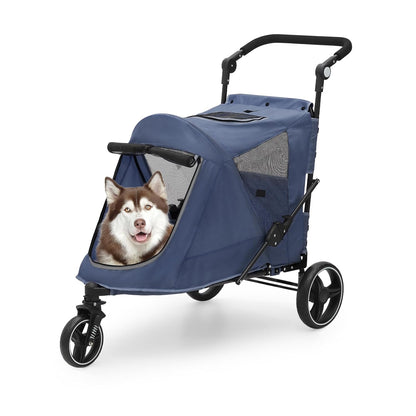 Athena Collection 3 Wheels Pet Stroller Fabric Dog Cart Dog Stroller for Large Dogs 55 Lbs Pet Stroller with Mesh Windows, Zipper Back Pocket, Safety Tether, Angle Adjustable Handlebar, Navy Blue - Pawvie