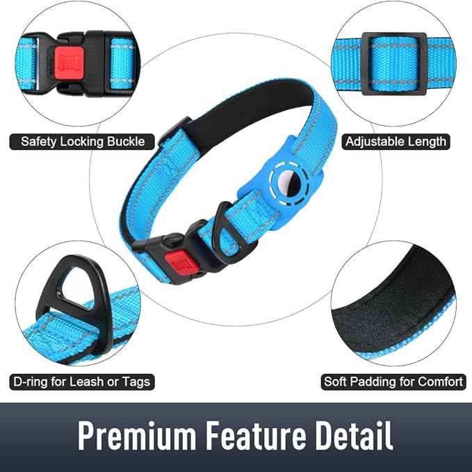 AirTag Dog Collar with AirTag Holder Compatible for Air Tag, Reflective Soft Padded, Safety Locking Buckle, Adjustable Nylon for Small Medium Large Dogs (SkyBlue,XS)