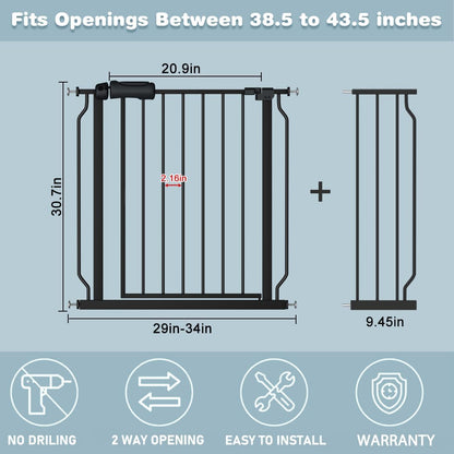 Extra Wide Black Baby Gate 38.5-43.5 Inch Walk Through Pressure Mounted Safety Gate No Drill Tension Metal Gate for Dog Cat and Infant Toddler