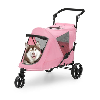 Athena Collection 3 Wheels Pet Stroller Fabric Dog Cart Dog Stroller for Large Dogs 55 Lbs Pet Stroller with Mesh Windows, Zipper Back Pocket, Safety Tether, Angle Adjustable Handlebar, Pink - Pawvie