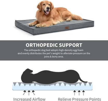 Orthopedic Dog Bed for Large Dogs, Big Waterproof Dog Bed Washable Pet Bed for Large Sized Dogs with Egg Crate Foam Pet Bed Mat, Removable Oxford Cooling Cover, Grey