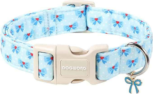 DOGWONG Blue Dog Collar, Cute Blue Boy Dog Collar Adjustable Soft Male Female Pet Dog Collar Bowtie Printed Puppy Necklace for Small Dogs