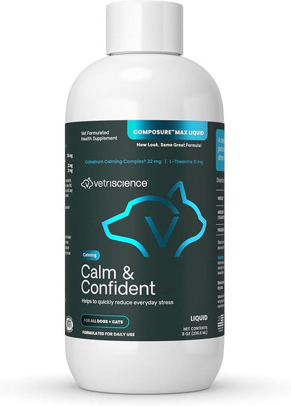 VetriScience Calm & Confident Liquid, Composure Calming and Anxiety Supplement for Dogs and Cats, Reduce Stress and Fear, Ideal for Thunderstorms, Fireworks, Vet & Routine Changes, Unflavored, 8 oz