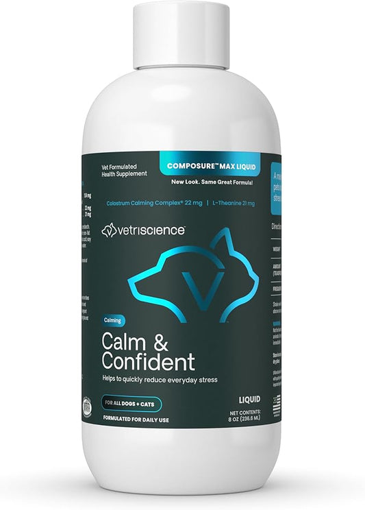VetriScience Calm & Confident Liquid, Composure Calming and Anxiety Supplement for Dogs and Cats, Reduce Stress and Fear, Ideal for Thunderstorms, Fireworks, Vet & Routine Changes, Unflavored, 8 oz