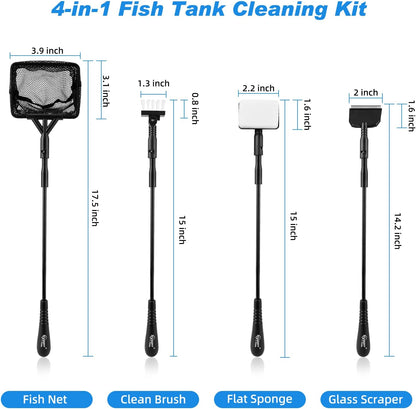 hygger Small Fish Tank Cleaner, Aquarium Cleaning Tools Kit with Handle, Seaweed Scraper, Fishing Net, Sponge Brush,Wall Brush (M)