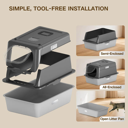 XX-Large Stainless Steel Cat Litter Box with Lid – Fully Enclosed Large Litter Box for Big Cats, Odor Control with Magnetic Door, Easy Clean, Multi-Cat Durable Metal Pan.(Grey)