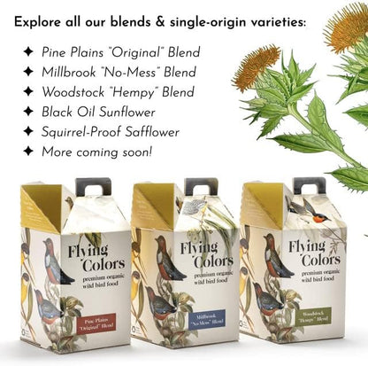 Flying Colors Premium Organic Wild Bird Seed | Millbrook No Mess Bird Seed for Outside Feeders | 100% USDA Organic, Waste Free, No Fillers, No Pesticides | Sunflower, Peanut | 3 Gallon Easy-Pour