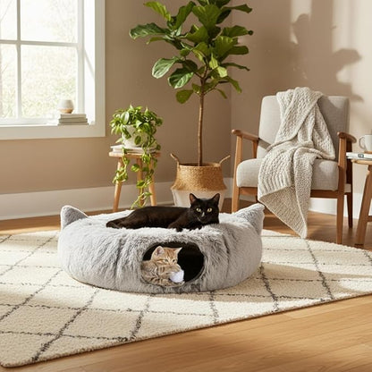 3-in-1 Cat Tunnel Bed Cave with Fun Catnip Interactive Stimulating Kitten Toys for Indoor Bored Cats - Peekaboo Hideaway & Donut Tunnel - Foldable Cute Furry Fuzzy Bed - 32"