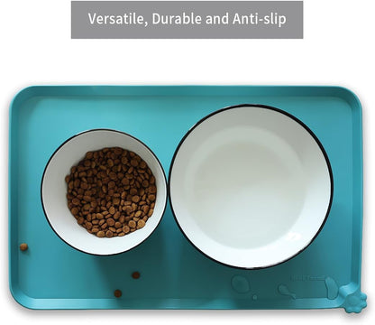 Hoki Found Silicone Pet Food Mats Tray - Non Slip Cat & Dog Bowl Mats - Waterproof & Pet-Friendly for Carpet - Glacier