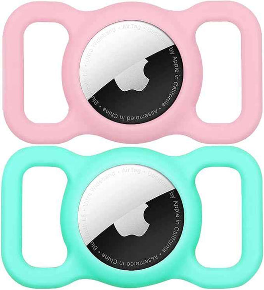 SWINCHO for AirTag Dog Collar Holder [2 Pack] Waterproof High-Strength Elastic Silicone Dog Cat Air Tag Holder(Mint Green&Pink)