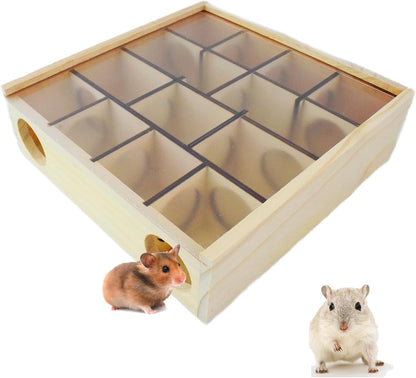 Wooden Hamster Maze with Transparent Acrylic Cover, Multi-Chamber Hamster Hideout House Hamster Toys Gerbil Maze for Dwarf Hamsters Gerbils Mice and Other Small Furry Animals