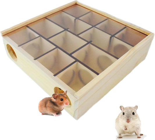 Wooden Hamster Maze with Transparent Acrylic Cover, Multi-Chamber Hamster Hideout House Hamster Toys Gerbil Maze for Dwarf Hamsters Gerbils Mice and Other Small Furry Animals