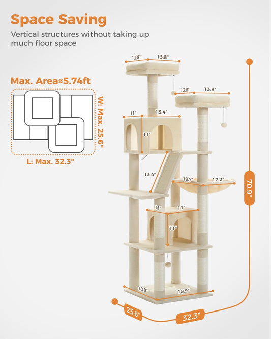 PAWZ Road 70 Inch Cat Tower, Tall Cat Tree with 2 Cozy Condos, 2 Plush Perch, Large Basket, 2 Scraching Pad & 6 Scraching Posts for Indoor Cats Large Adult, Beige