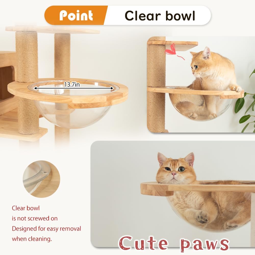 74.8" Wooden Cat Tree Tower for Large Cats, Multi-Level Cat Climbing Furniture with Scratching Posts, Cat Condo & Hammock, Natural Wood Cat Activity Center (Brown)