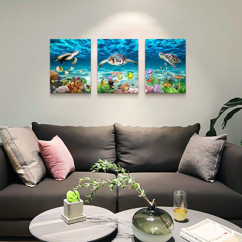 AHUASJART Canvas Wall Art for Living Room family Wall decor for Bedroom Bathroom Wall Decoration blue Ocean Sea Turtle Paintings Modern shark Pictures Artwork office Ready to Hang 12" x 16" 3 Piece