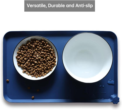 Hoki Found Silicone Pet Food Mats - Non Slip Dog Cat Bowl Placemats - Waterproof Dog Cat Food Mats - Suitable for Carpet - Indigo Ink