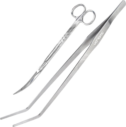 2PCS 15" Curved Aquarium Tweezers Long and 9.8" Aquarium Scissors, Feeding Tongs and Scissors with Protective Cap, Stainless Steel Aquascaping Tools for Plant Trimming and Reptile Feeding