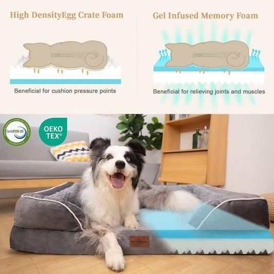 Comfort Expression Cooling Dog Bed for Large Dogs, Orthopedic Memory Foam Beds, Waterproof Washable Dogs Bed with Removable Cover, Pet Bed Dog Sofa with Bolster(Large,Silver Grey)