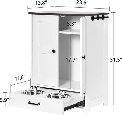 Pet Feeding Station, Dog Feeding Station, Dog Food Storage Cabinet, Pet Food Toy Organiser with 2 Elevated Bowls and Hook for Feeding and Drinking, White