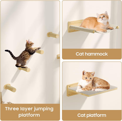 MeowHomm Cat Wall Shelves, Wooden Cat Wall Furniture Includes 4 Scratching Post Steps, Jumping Platform, Hammock for Kittens