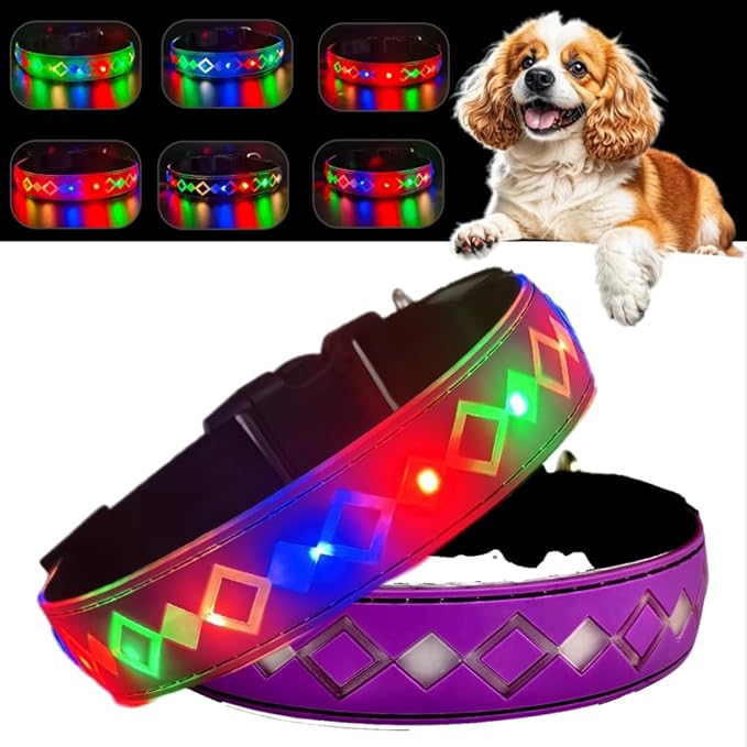 LED Dog Collar with AirTag Holder and Custom ID Tag, 15 Light Modes, Waterproof, Multiple Colors (PURPLE Pro, L(15.7-19.7"))