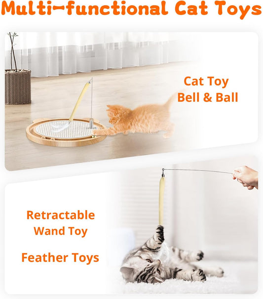 3-in-1 Cat Toys, Scratcher, Toys for Indoor Cats, Natural Sisal Scratching Board, Kitten Interactive with Ball Track & Retractable Wand Toy & Feather