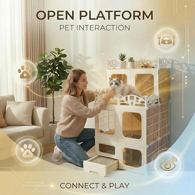 Cat Cage with Built-in Litter Box & Interactive Platform, Top Storage Shelf, Cat Cage Indoor & Outdoor Use, Expandable Cat Playpen