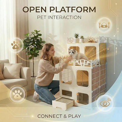 Cat Cage with Built-in Litter Box & Interactive Platform, Top Storage Shelf, Cat Cage Indoor & Outdoor Use, Expandable Cat Playpen