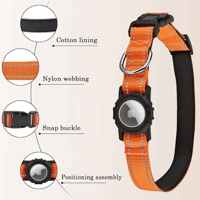 Airtag Dog Collar with Waterproof Air Tag Holder, Integrated Reflective Pet Collar with Soft Padding, Adjustable Nylon Collar for Small Medium Large Dogs, Orange, S (11.8"-15.7")