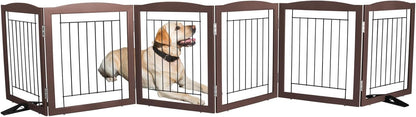 ZJSF Freestanding Dog Fence Indoor, Foldable Dog Gate for Doorways, Stairs or Hallways, Sturdy Wood Extra Wide Pet Gate with Support Feet for The House, Brown, 24 "Height-6 Panels