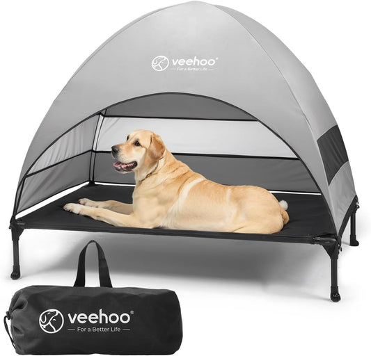 Veehoo Outdoor Dog Bed with Canopy, Cooling Elevated Pet Cot with Removable Shade, Non-Slip Feet, Raised Dog Cot for Large Dogs, Pet Tent Bed for Camping, Beach, Large, Black, CWC2411 - Pawvie