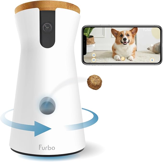 Furbo 360° Dog Camera: Pet Security Cam w/Barking Alerts, Rotating View, Treat Toss w/Phone App, Smart Home Puppy Monitoring, 2-Way Speaker, No Subscription Needed. Standard See, Talk, & Toss Features