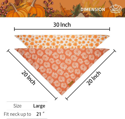CROWNED BEAUTY Fall Dog Bandanas Reversible 2 Pack, Daisy Set, Buffalo Plaid Polka Dots Adjustable Triangle Scarves for Medium Large Extra Large Dogs Girl Boy Pets Orange DB64-L