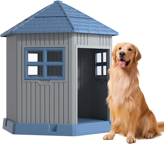 Vixzen Large Outdoor Dog House,Durable Water Resistant Resin Dog House,Doghouse for Small to Large Dogs Indoor or Outside,with Openable Windows and Elevated Floor,Blue