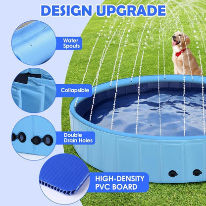 63" Large Dog Pool with Sprinkler, 2-in-1 Foldable Swimming Pool Non-Slip Hard Plastic Splash Sprinkler Kiddie Pool for Outdoor Backyard Kids Dogs Ducks and Pet Baths