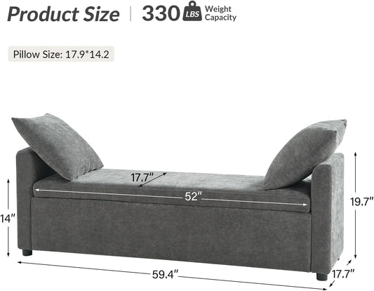 HULALA HOME Modern Storage Bench with Throw Pillows, 59.4" Extra Long Bedroom Ottoman Bench for End of Bed, Comfy Upholstered Footstool for Entryway Dining Room Living Room, Charcoal