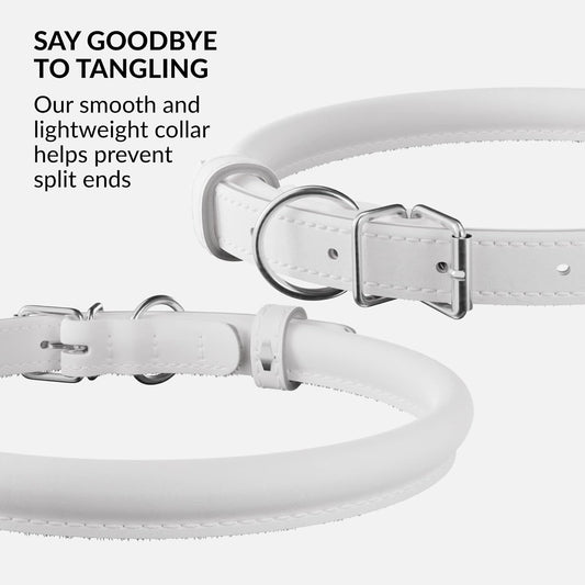 CollarDirect Rolled Leather Dog Collar, Soft Padded Round Puppy Collar, Handmade Genuine Leather Collar Dog Small Large Cat Collars 13 Colors (13-16 Inch, White Smooth)