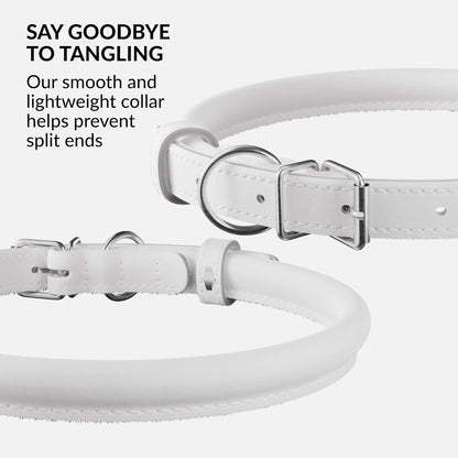 CollarDirect Rolled Leather Dog Collar, Soft Padded Round Puppy Collar, Handmade Genuine Leather Collar Dog Small Large Cat Collars 13 Colors (15-19 Inch, White Smooth)