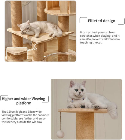 Modern Multi-Level Large Real Solid Wood Cat Tree, Luxury Wooden Cat Tower Cat Condo with Multi-Layer Platform for Indoor Cats