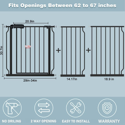 Extra Wide Baby Gate Black 62-67 Inch Wide Pressure Mounted Auto Close Child Safety Gate Long Dog Gate for House Doorways