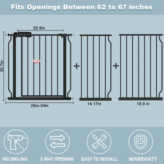 Extra Wide Baby Gate Black 62-67 Inch Wide Pressure Mounted Auto Close Child Safety Gate Long Dog Gate for House Doorways
