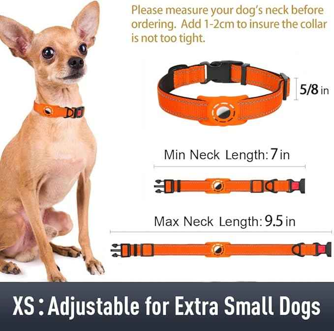 AirTag Dog Collar with AirTag Holder Compatible for Air Tag, Reflective Soft Padded, Safety Locking Buckle, Adjustable Nylon for Small Medium Large Dogs (Orange,XS)